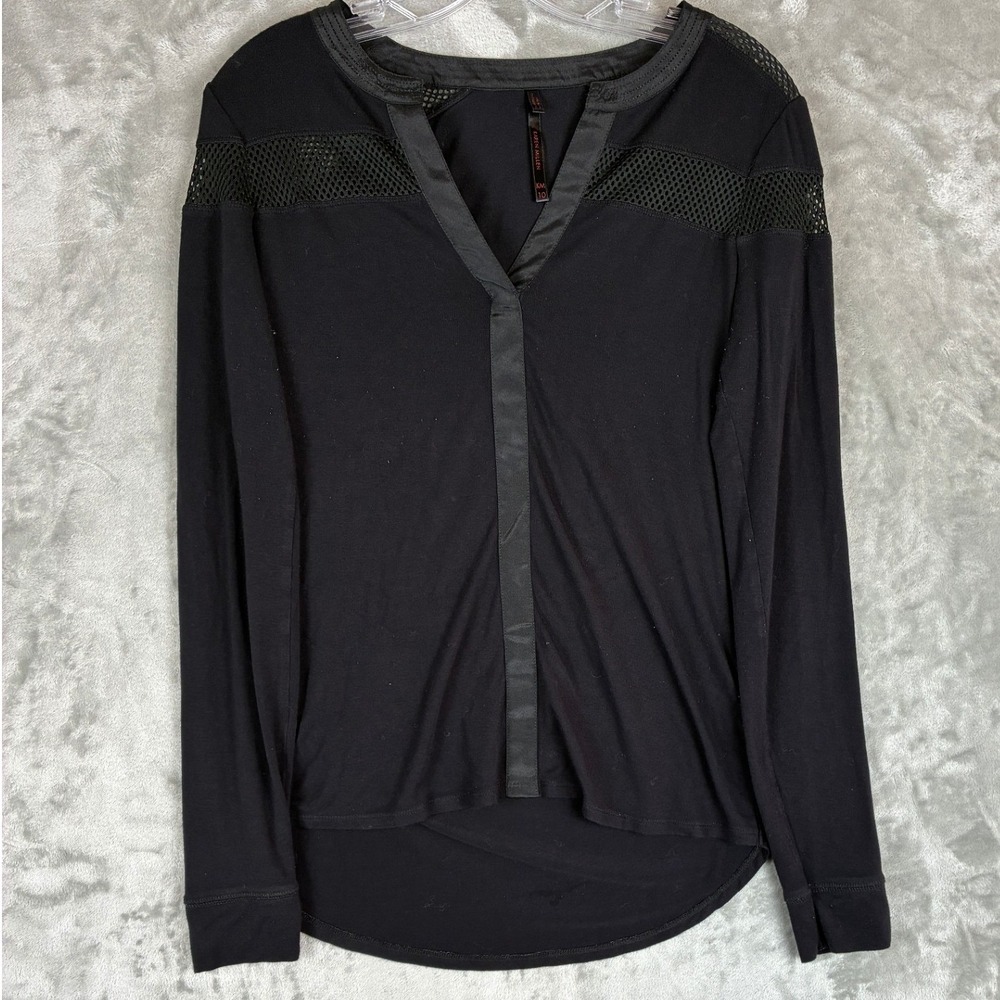 Karen Millen Women Black Mesh Panel Satin Trim V-Neck Long Sleeve Top UK 10 US 6